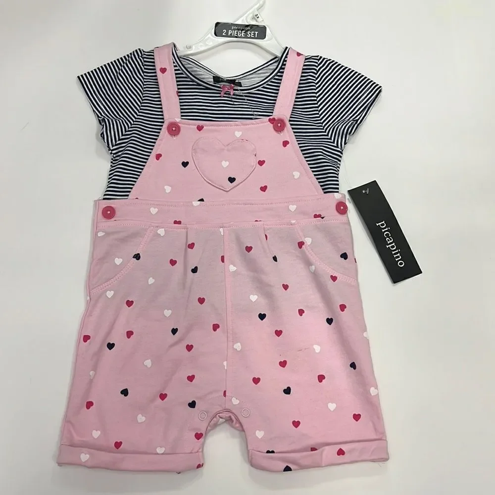 Picapino Baby Girl’s Pink and Blue 2 Piece Overall Set Size 24 Months